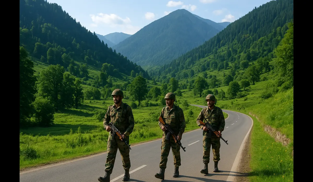 Security forces near Pahalgam after terror attack.