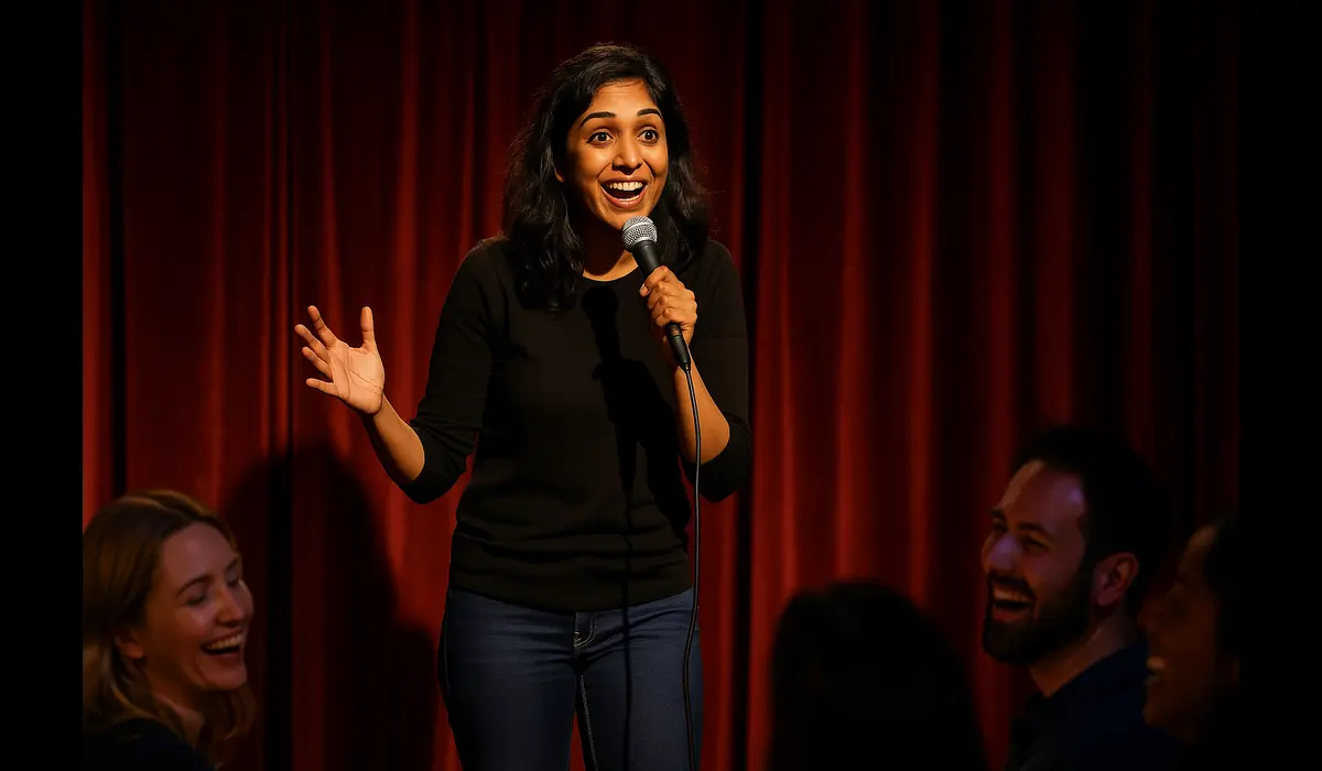 Female Indian stand-up comedian performing in USA comedy club.