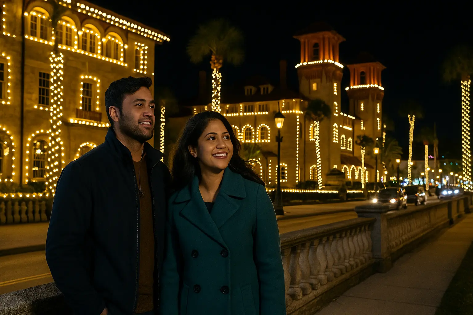 Indians exploring St. Augustine hidden gem USA year-end lights.