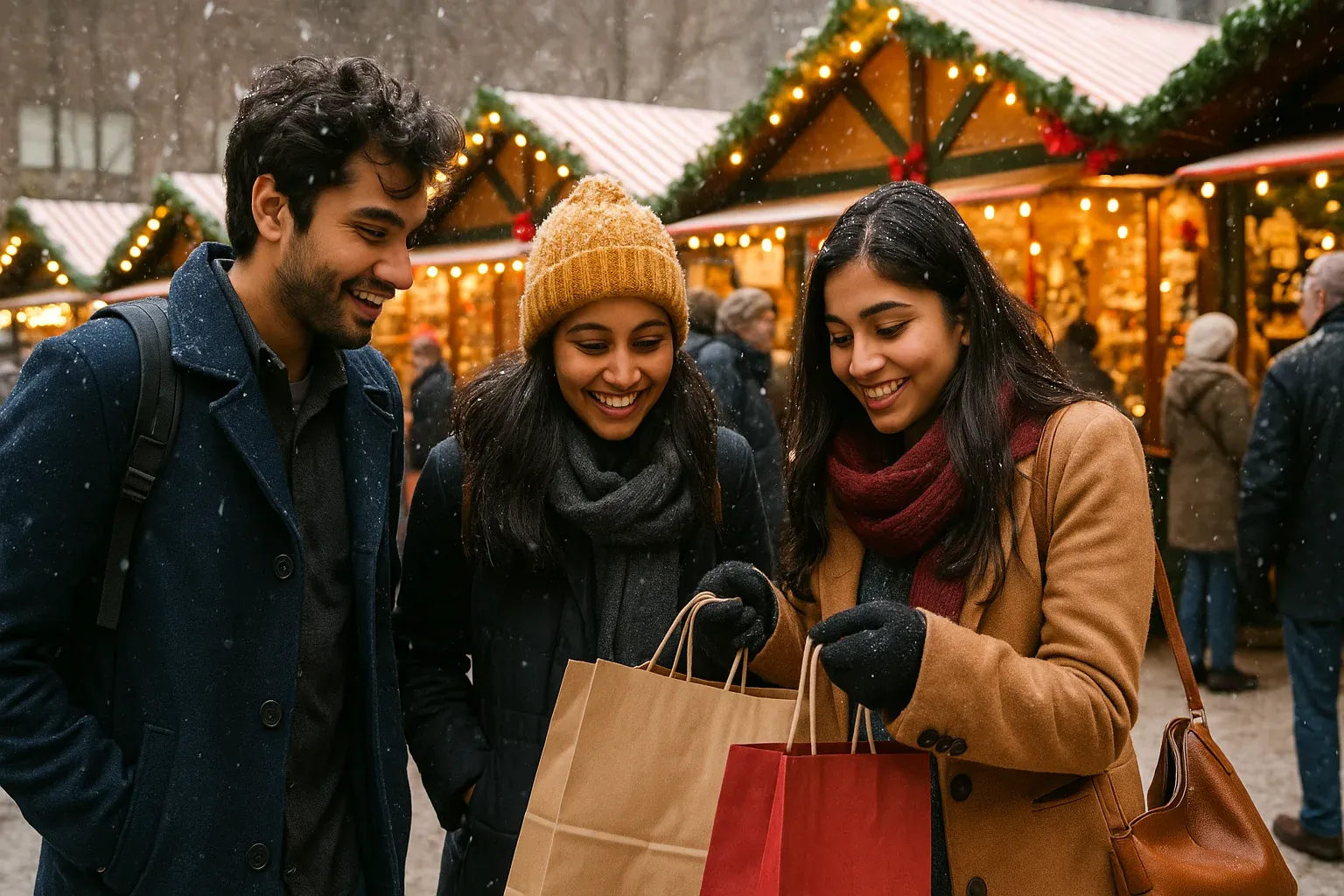 Indian students at Chicago Christmas market with snow and stalls.