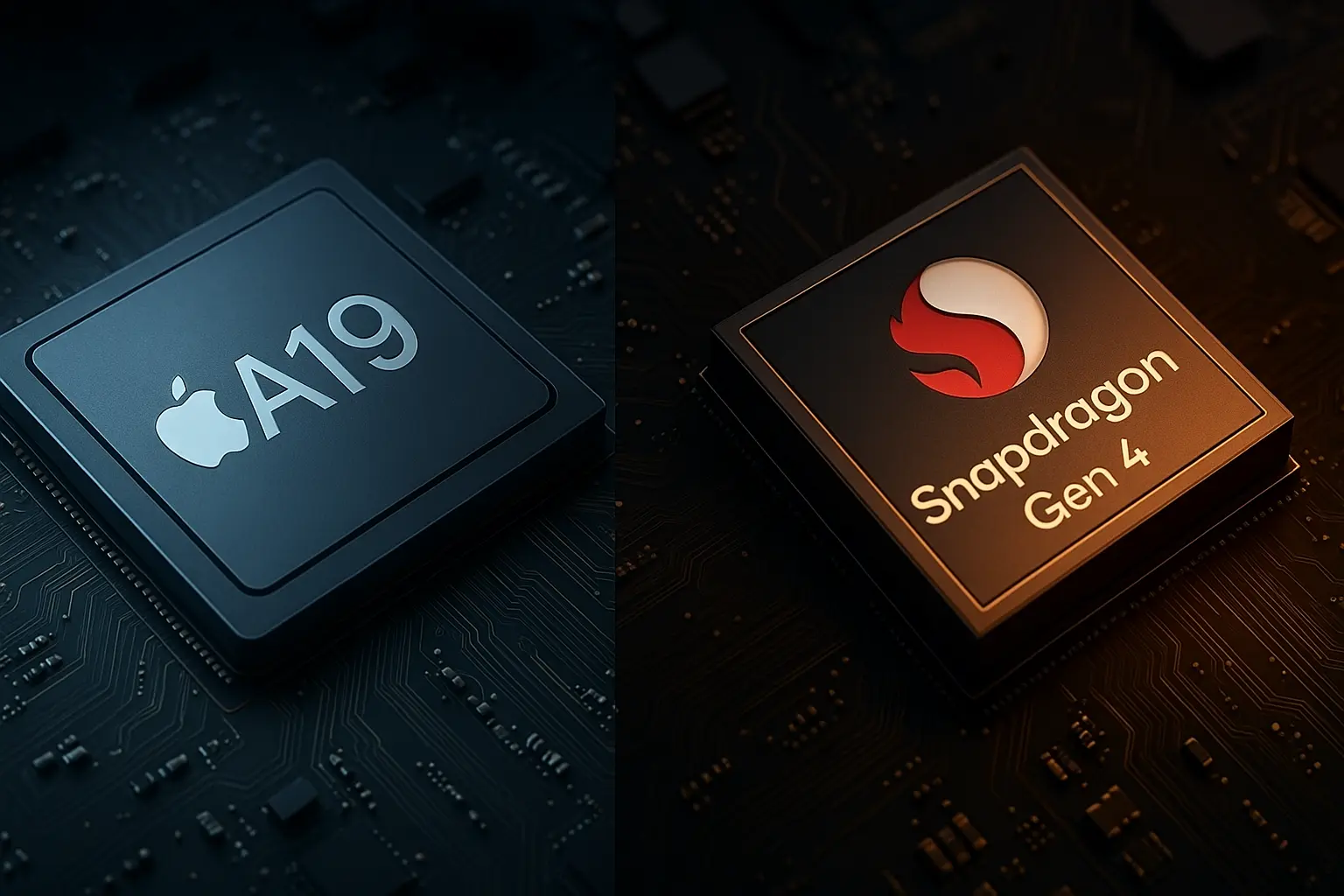 iPhone 18 Pro Max A19 chip and Galaxy S25 Ultra Snapdragon 8 Gen 4 processor side by side on circuit boards.