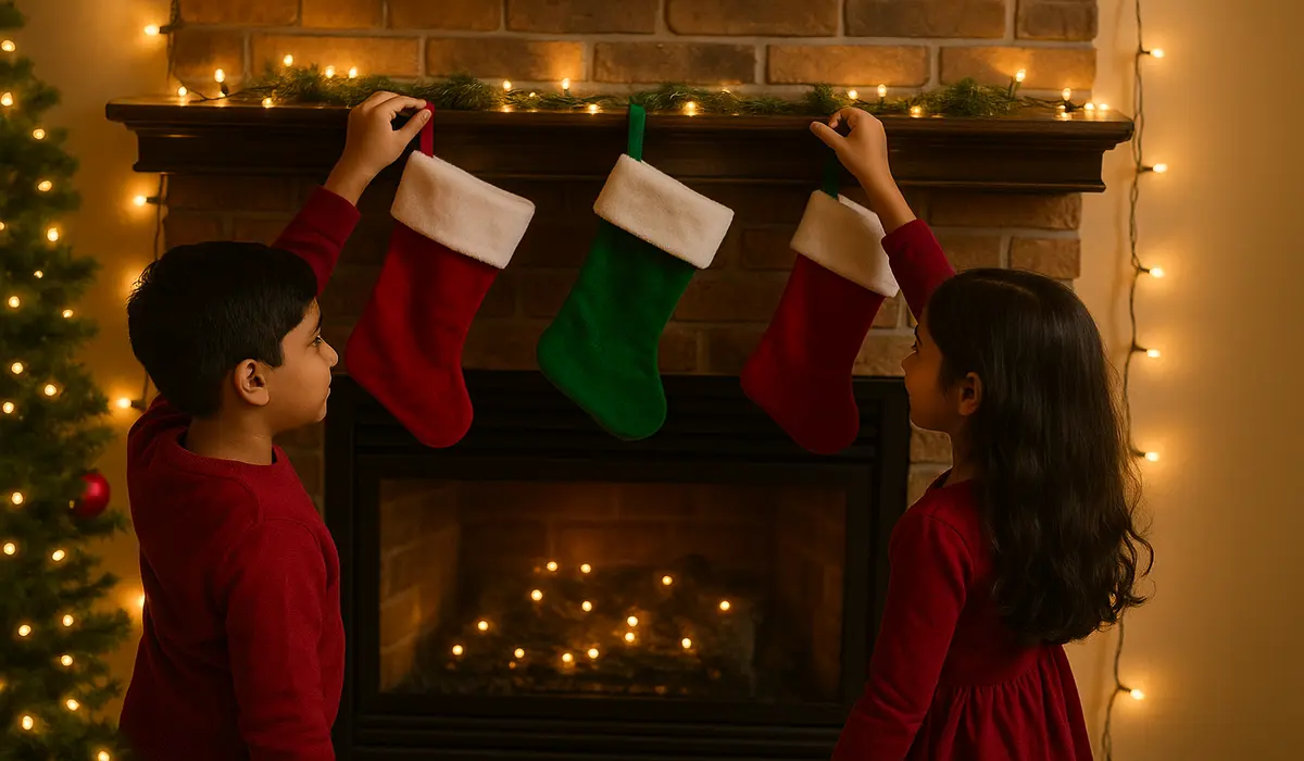 Indian families living in USA celebrate Christmas with kids hanging stockings