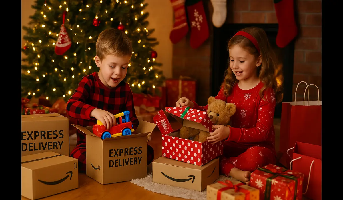 Kids opening last-minute Christmas gifts in USA with fast shipping under a decorated tree.