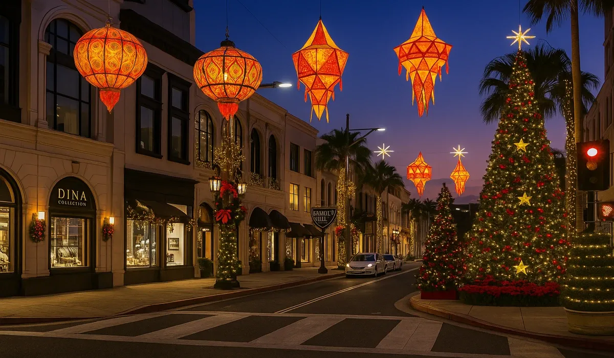 Christmas in Los Angeles USA festive streets Bollywood influence.