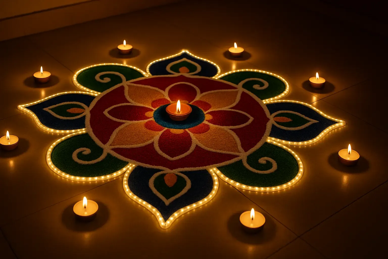 Modern Diwali rangoli patterns with diyas and LED lights.