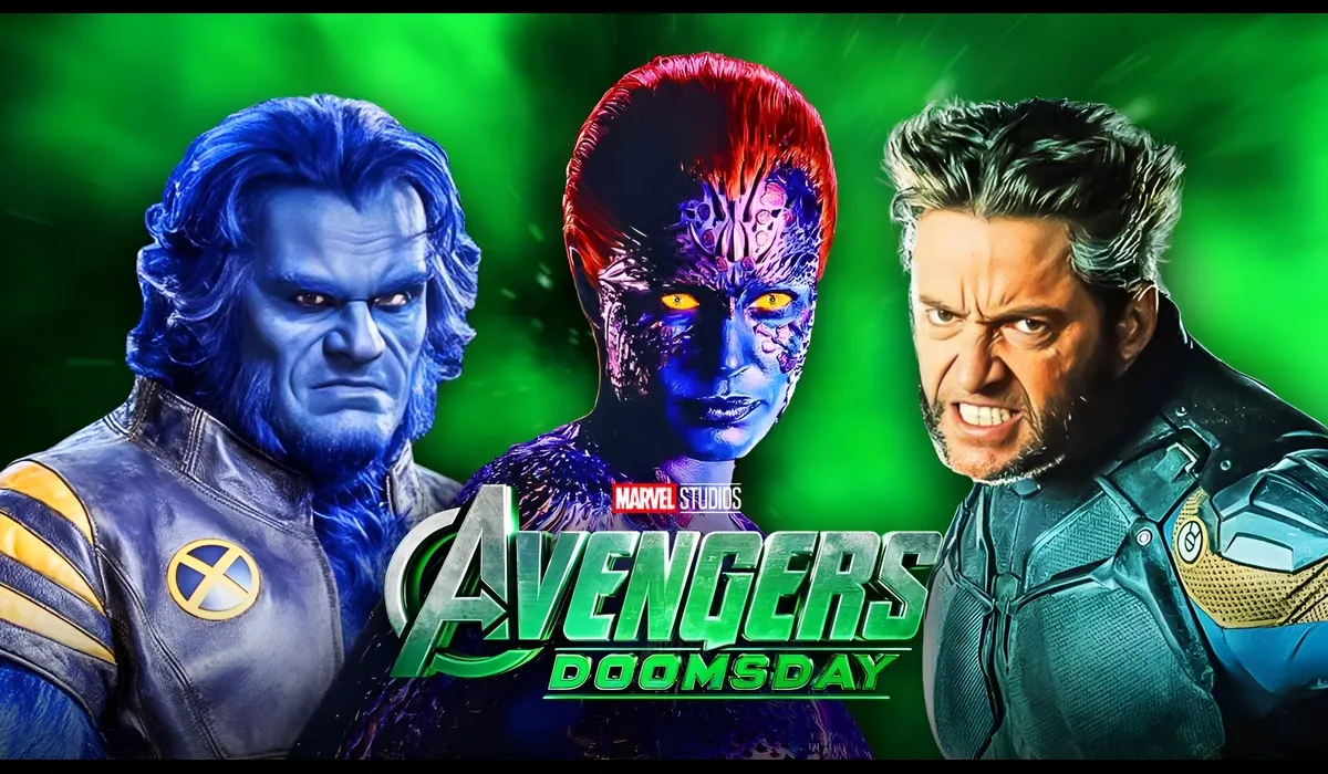 Marvel superheroes including Captain America, Thor, Shang-Chi, She-Hulk, Fantastic Four, and X-Men stand united with Doctor Doom looming in the background, representing the Avengers Doomsday Marvel Studios storyline.