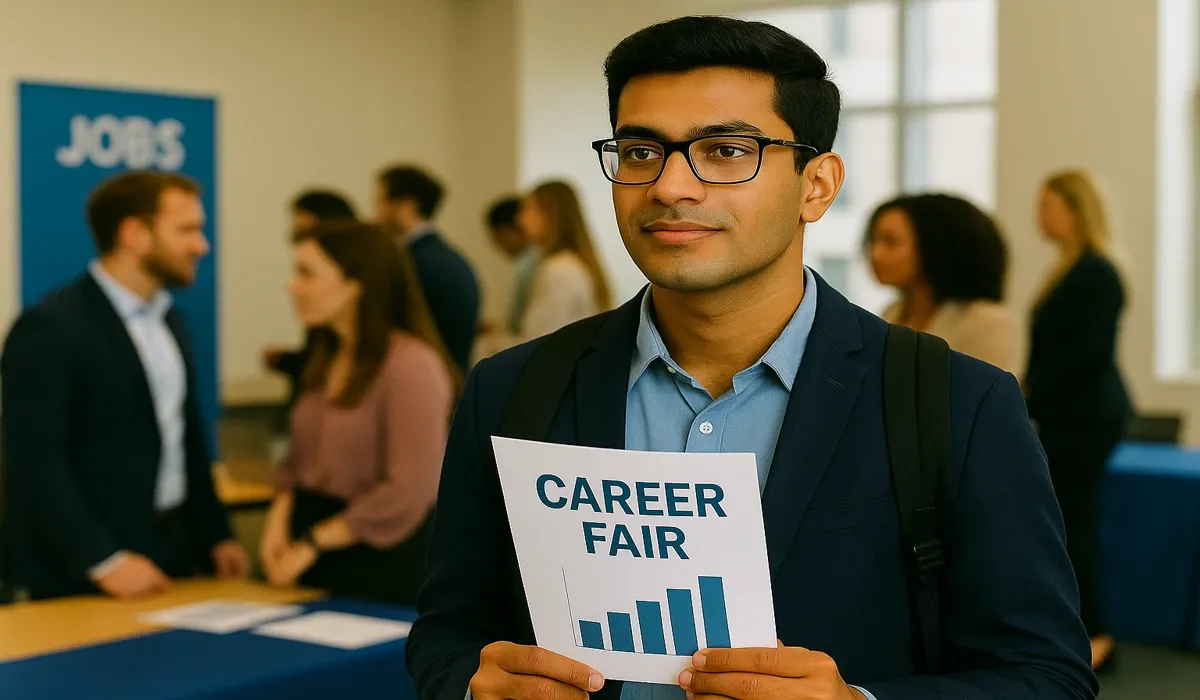 Indian student exploring MBA career fair USA
