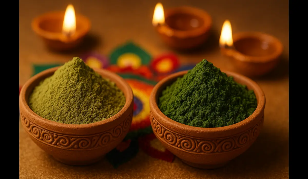 Natural green organic Rangoli colors for Diwali decoration.