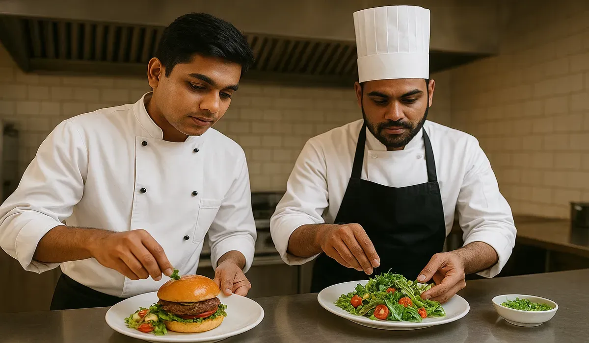 Indian chefs adapting American food culture with modern plating.