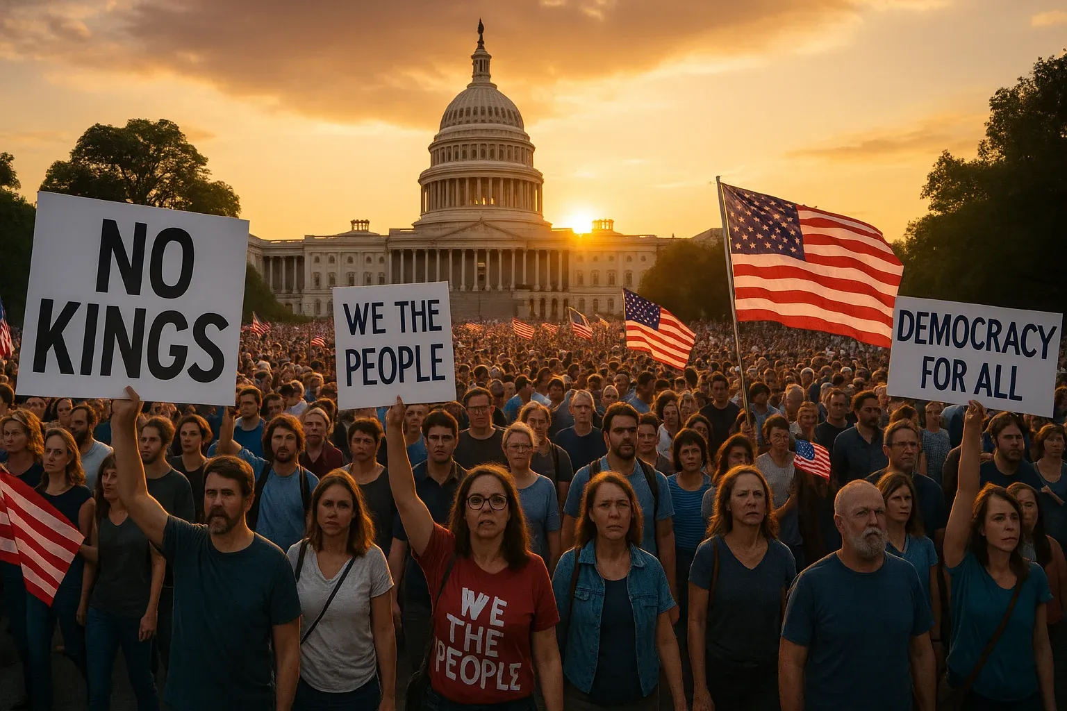 No Kings in America protest sign during Trump demonstration