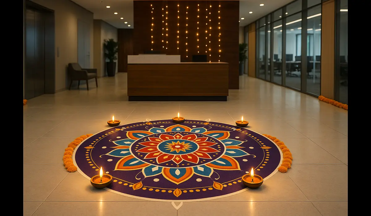 Office lobby with Diwali Rangoli sticker designs for apartments & offices and glowing diyas.