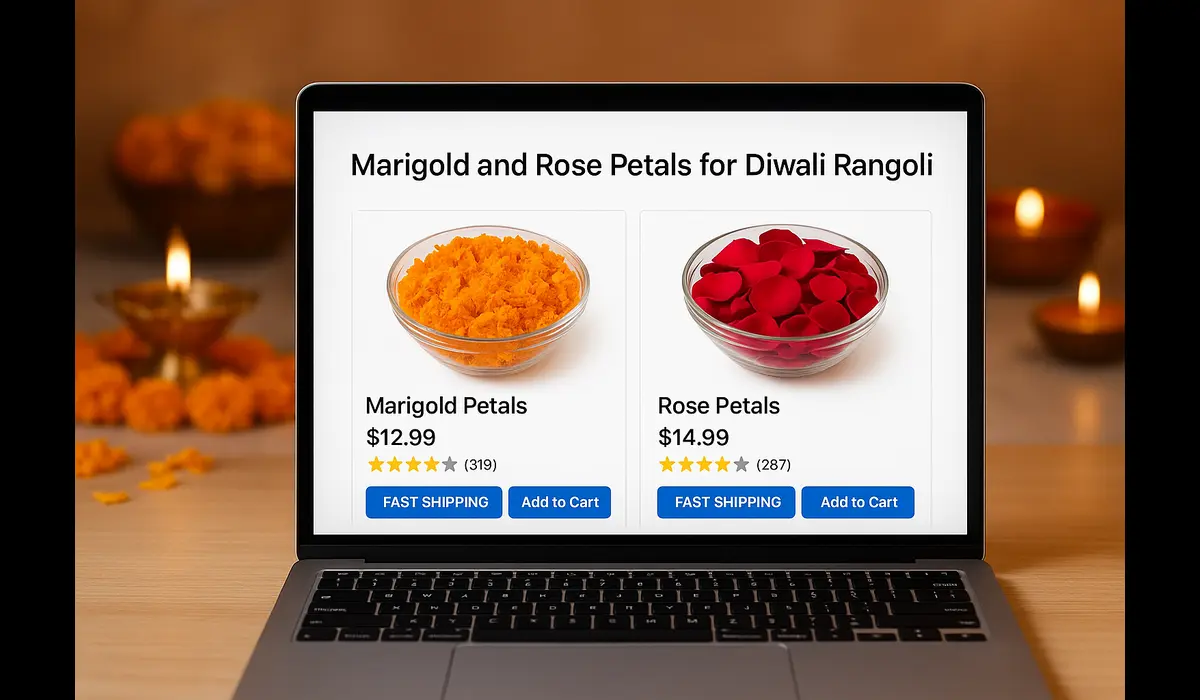Online platforms to buy flower petals for Diwali Rangoli in the US.