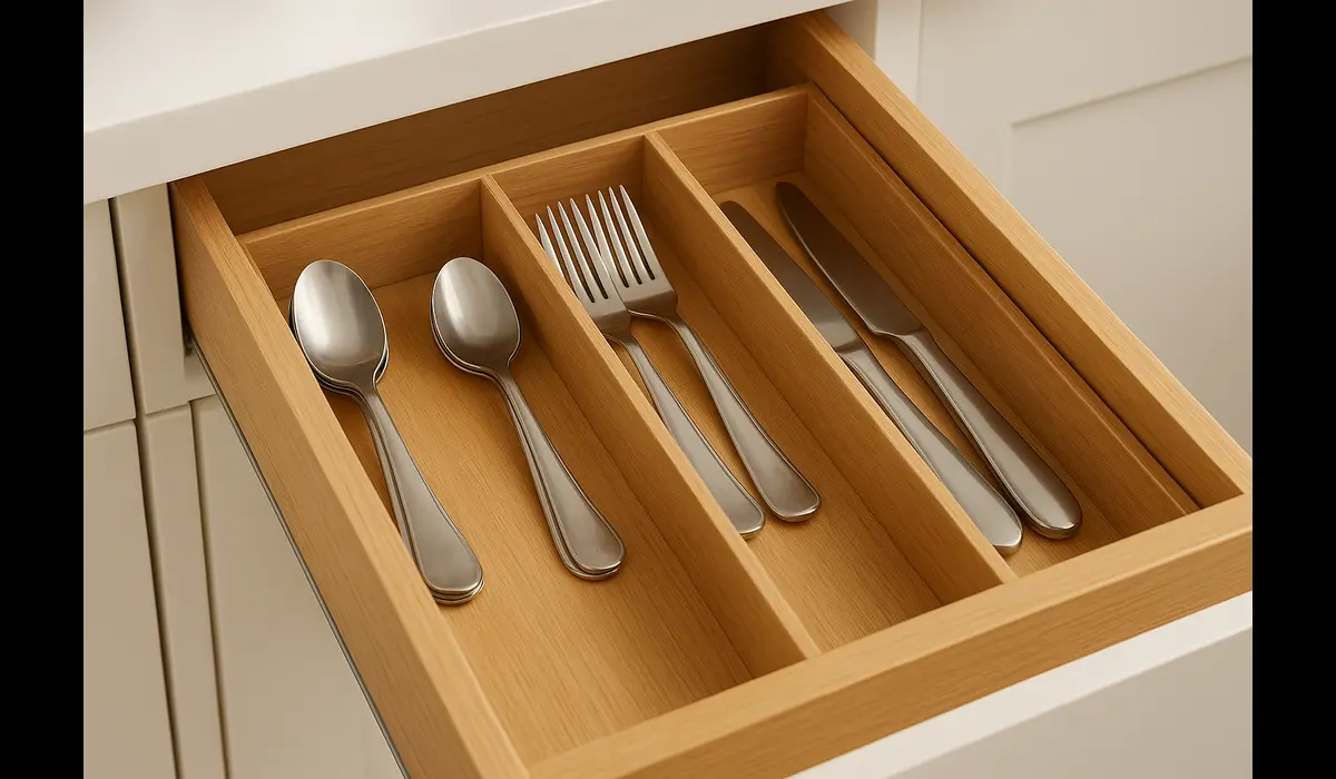 Drawer dividers showing kitchen organization hacks.