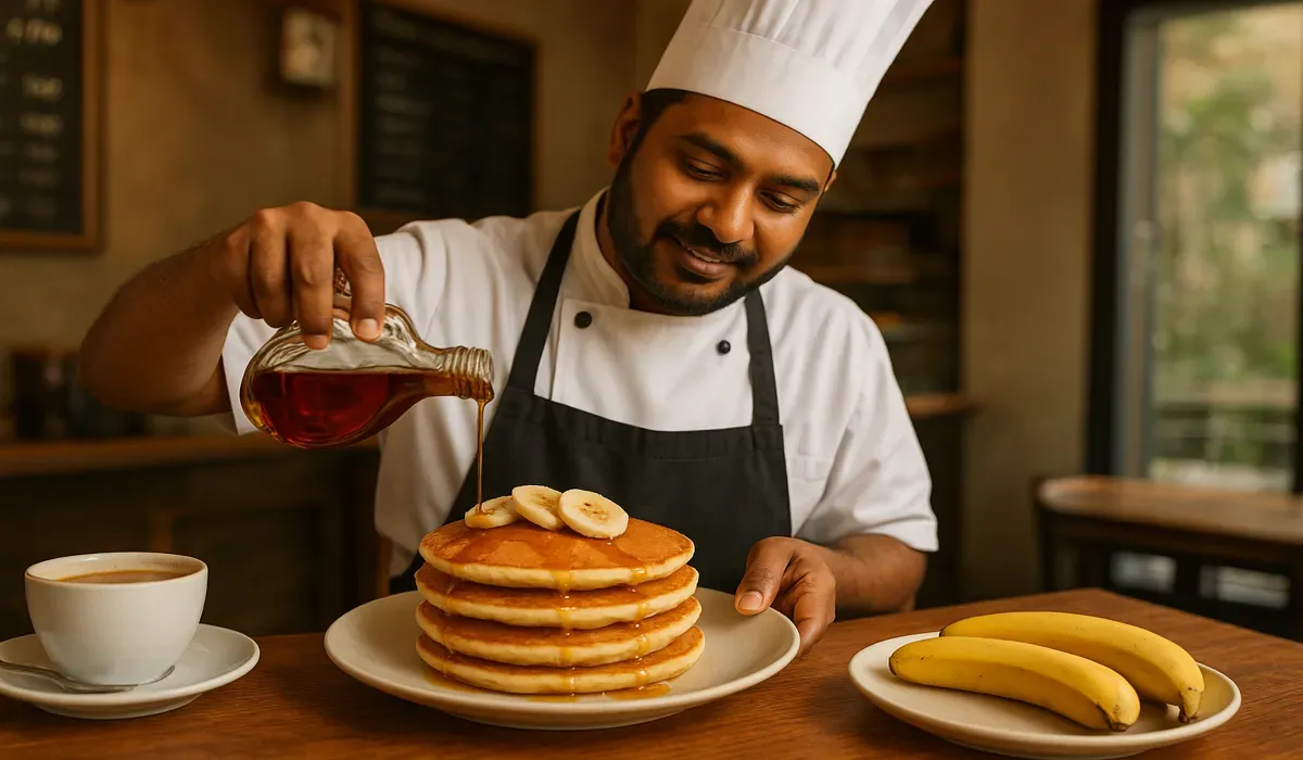 Chef preparing American-style pancakes in Indian café.