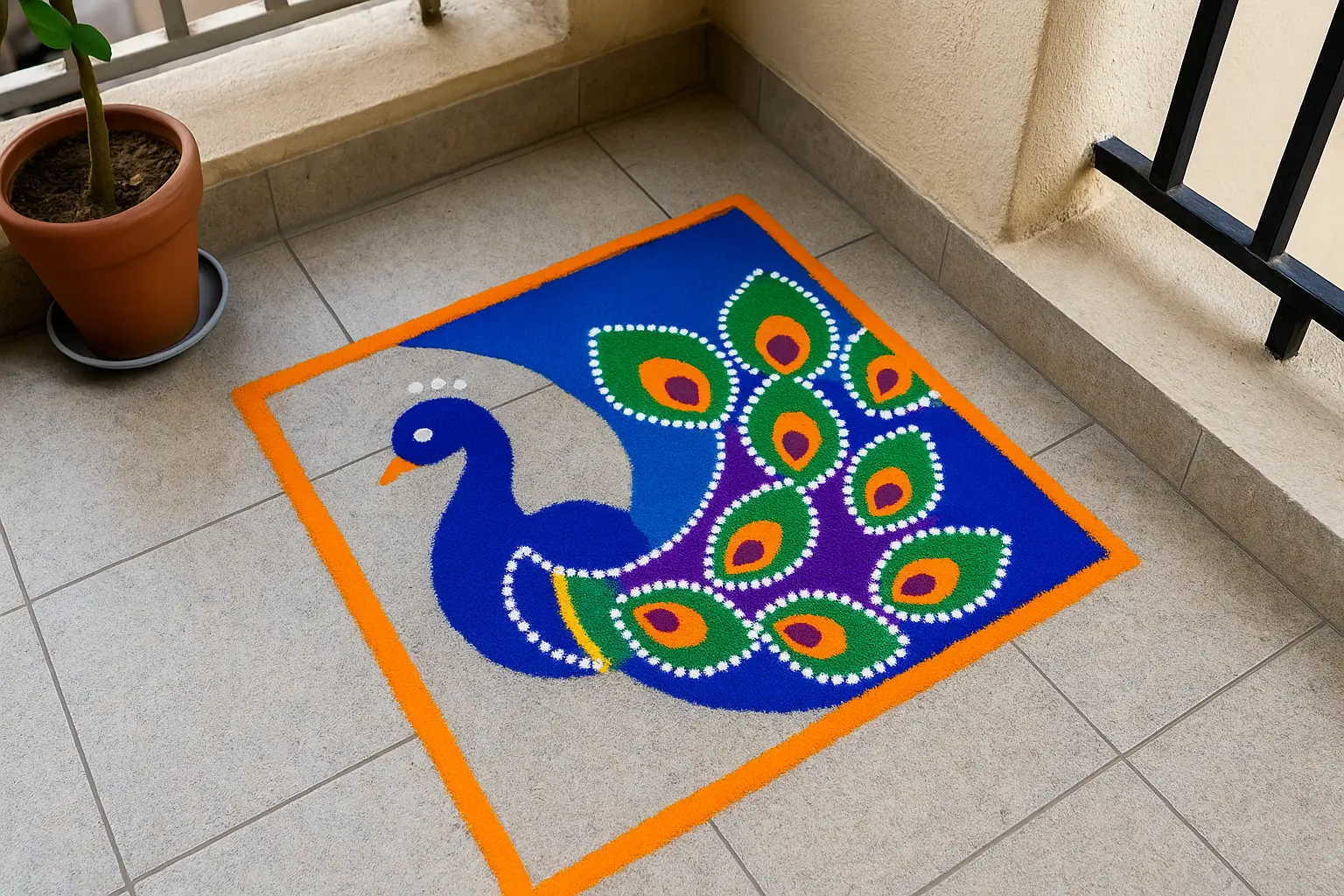 easy rangoli designs for diwali with dots peacock