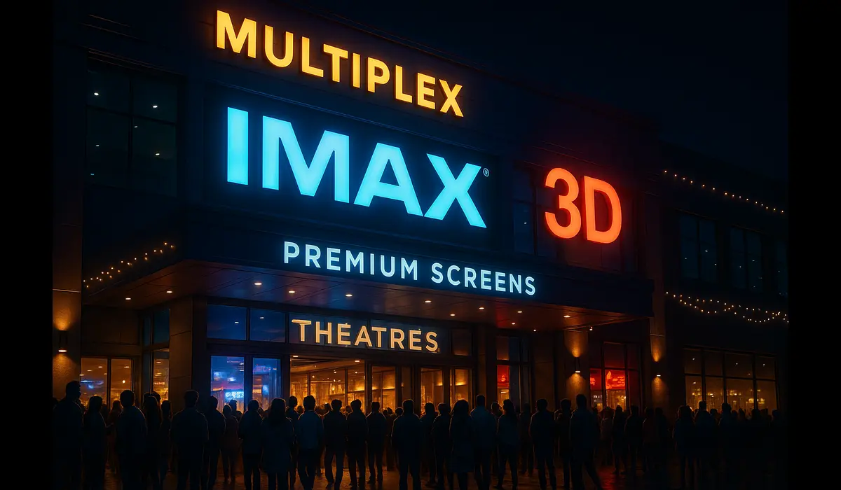 Modern multiplex in India with IMAX and 3D screens lit for Fire and Ash release.