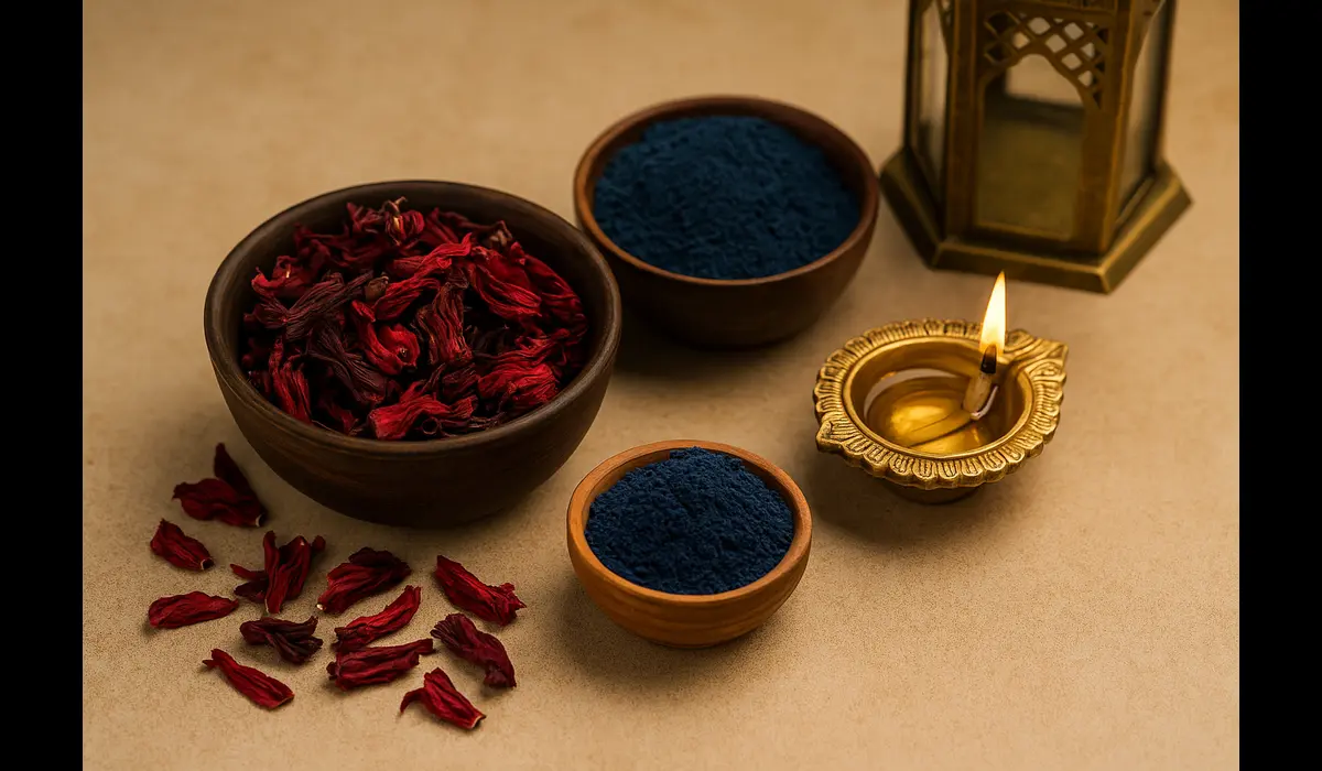 Purple organic Rangoli colors from hibiscus and indigo.