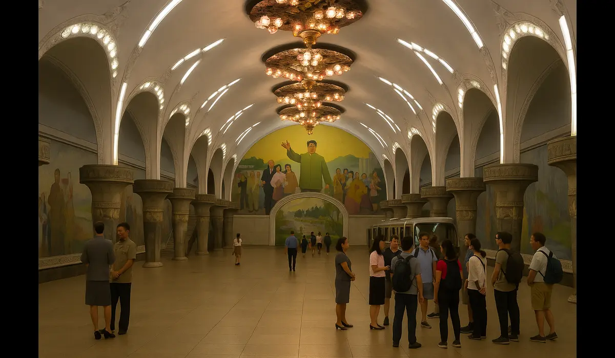 Pyongyang metro under North Korea travel regulations.