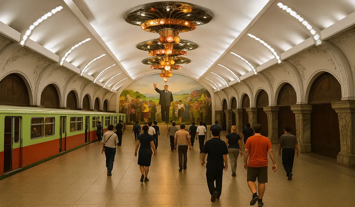 Tourists exploring Pyongyang metro under DPRK travel rules.