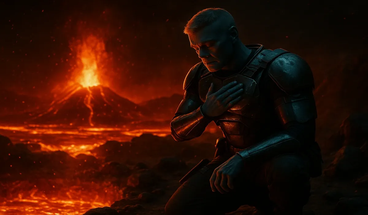 Quaritch kneeling in Avatar Fire and Ash trailer breakdown volcanic ritual.