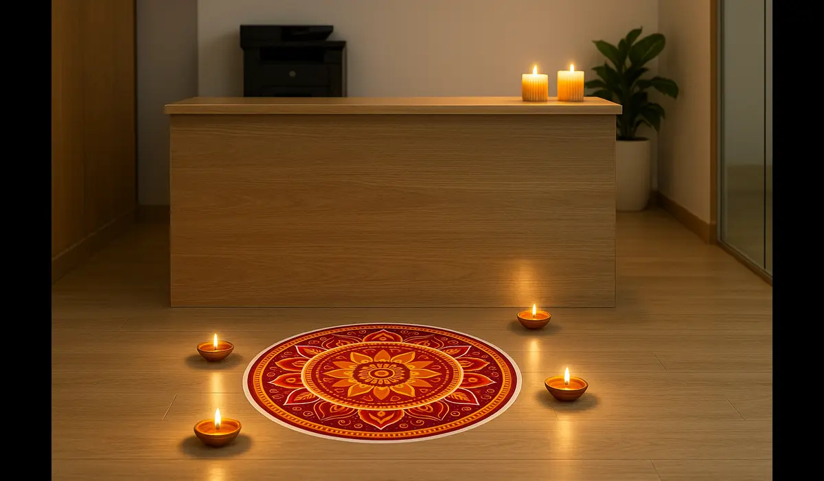 Reception area with Diwali Rangoli sticker designs for apartments & offices.