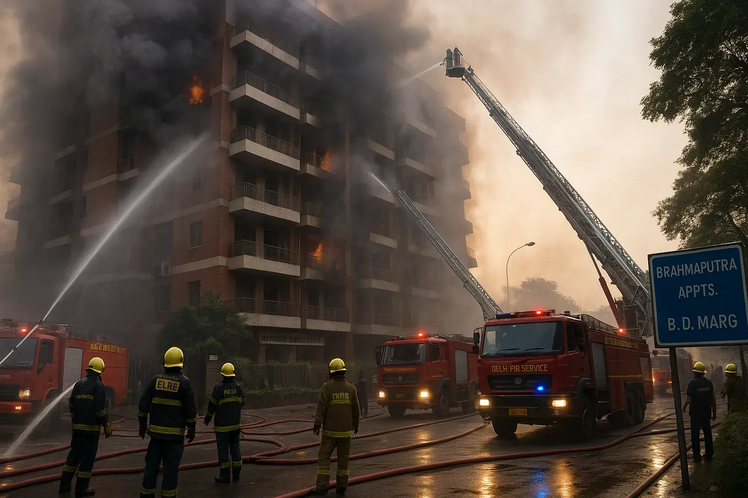 Firefighters and rescue vehicles at Brahmaputra Apartments blaze BD Marg