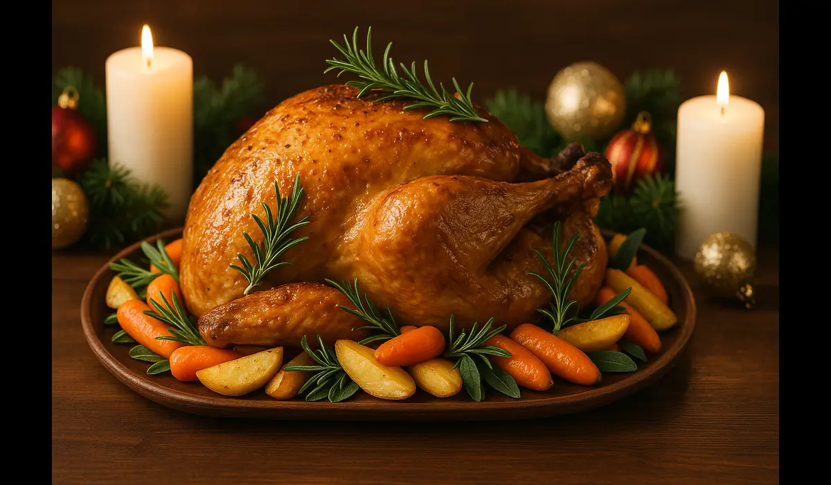 Juicy roast turkey with herbs – centerpiece of Christmas food in USA.