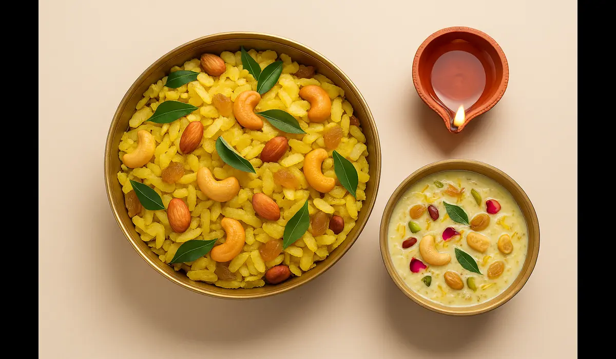 Healthy Diwali food recipes roasted poha chivda snack.