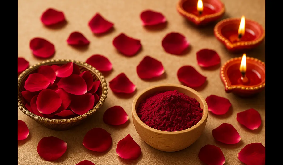 Rose petals and beetroot powders for organic Rangoli colors.