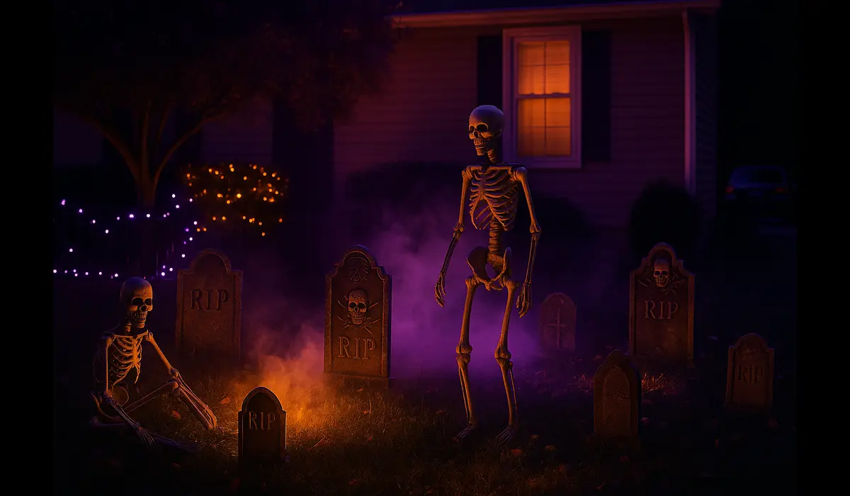 Spooky Halloween yard decorations with skeletons, tombstones, and lights.