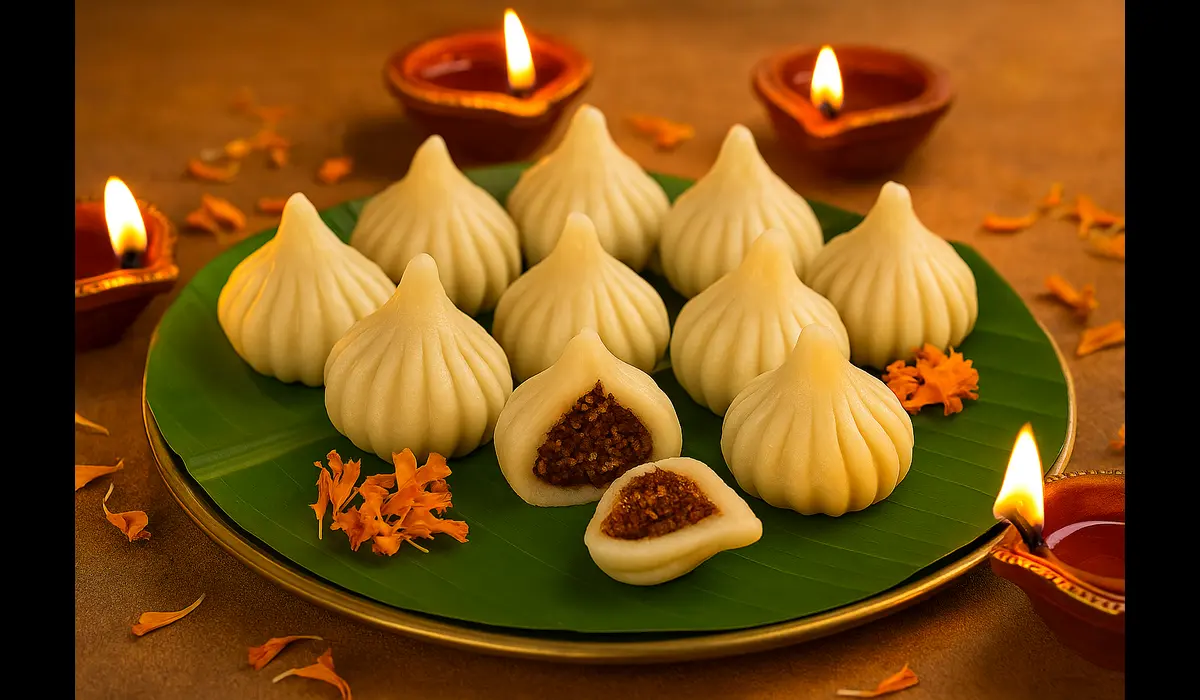 Healthy Diwali food recipes steamed modaks with coconut and jaggery.