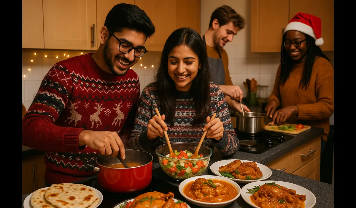 Budget Christmas ideas USA — Indian students hosting a potluck dinner.
