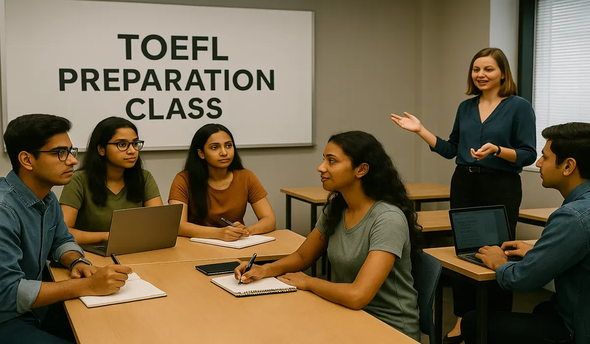Indian students attending TOEFL preparation class for USA education.