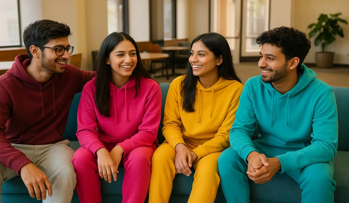 Indian students showcasing usa athleisure-inspired streetwear.