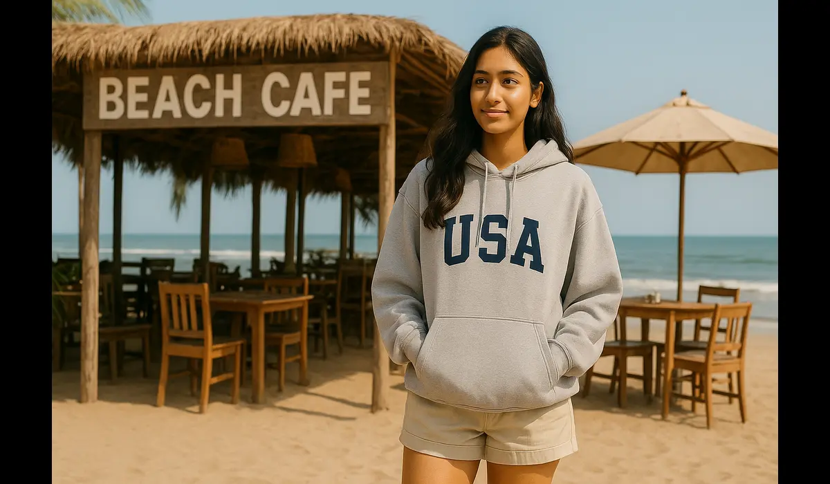 Oversized USA hoodie styled for Indian summer look.