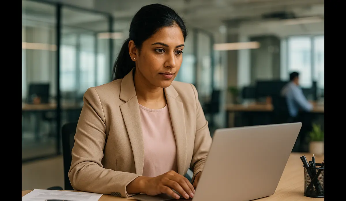USA workwear fashion ideas for Indian offices—woman in pastel blazer at desk.