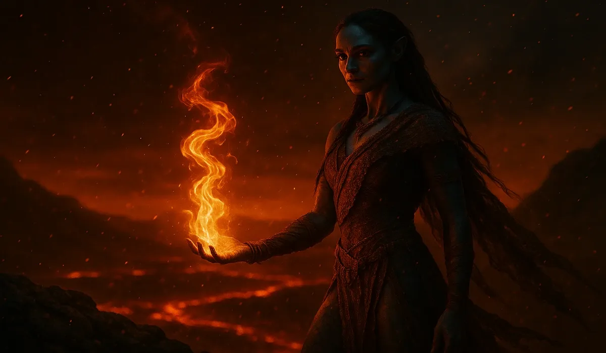 Avatar Fire and Ash cast and crew Varang on volcanic rock with fire and ash.