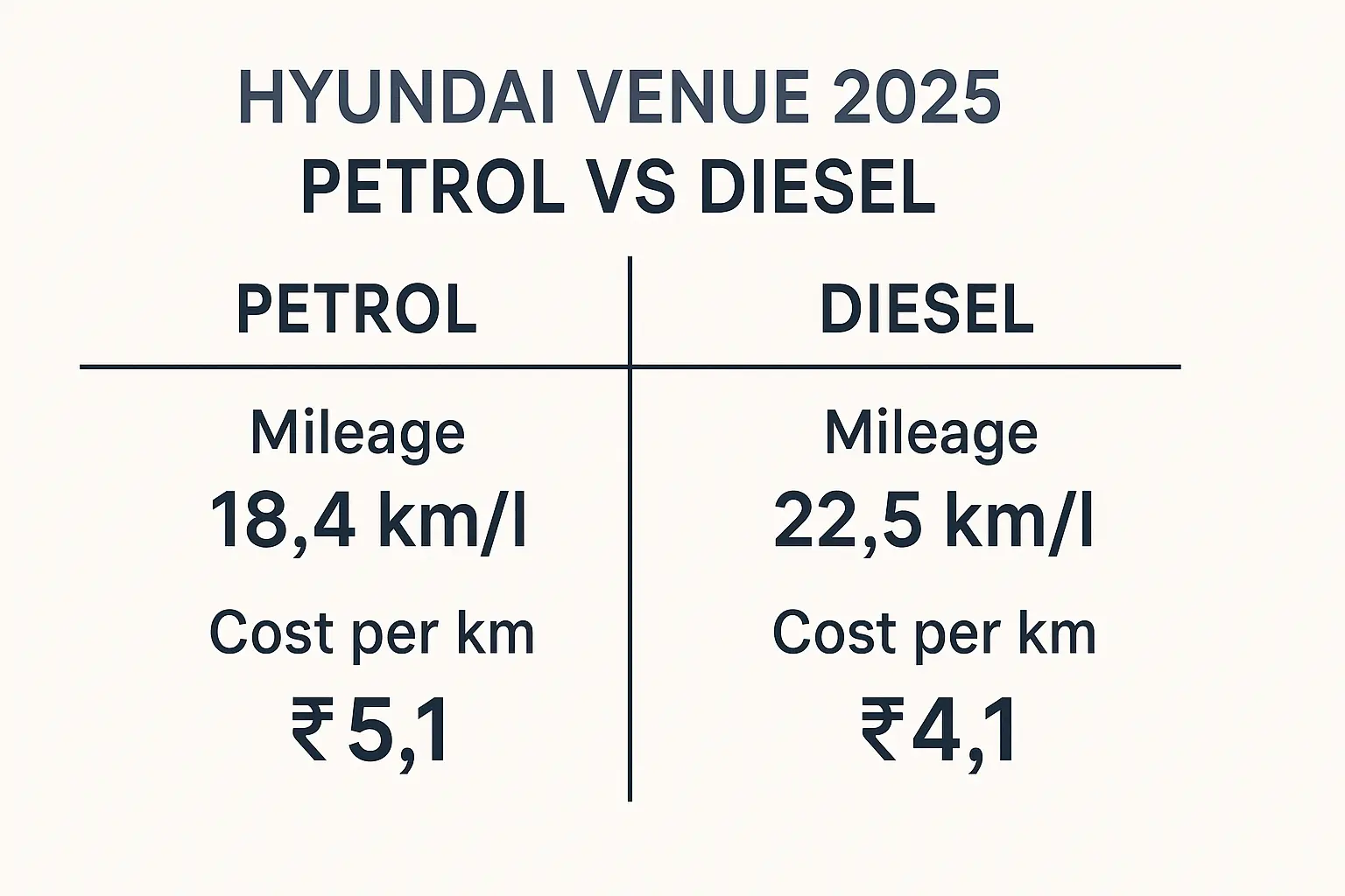 Hyundai Venue 2025 petrol vs diesel mileage infographic.
