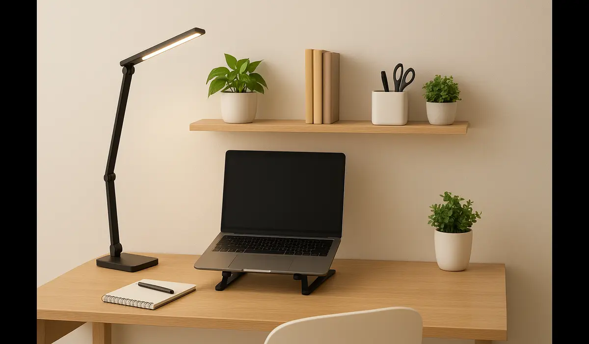 Simple home office setup with DIY wall storage