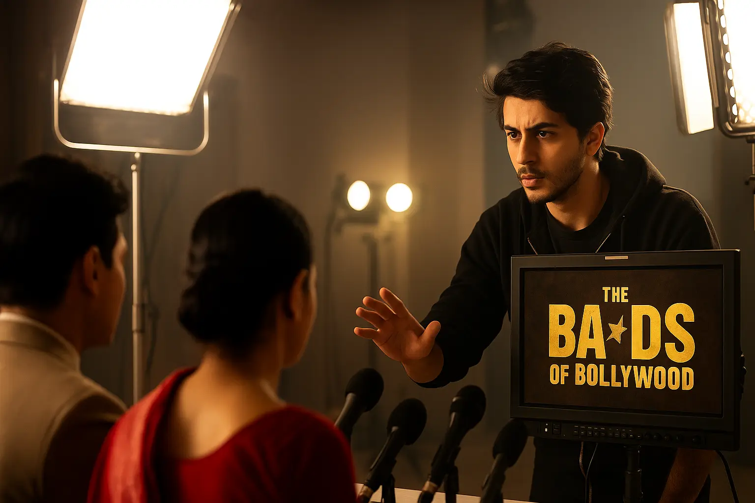 Aryan Khan directing actors on The Bads of Bollywood set under bright lights.