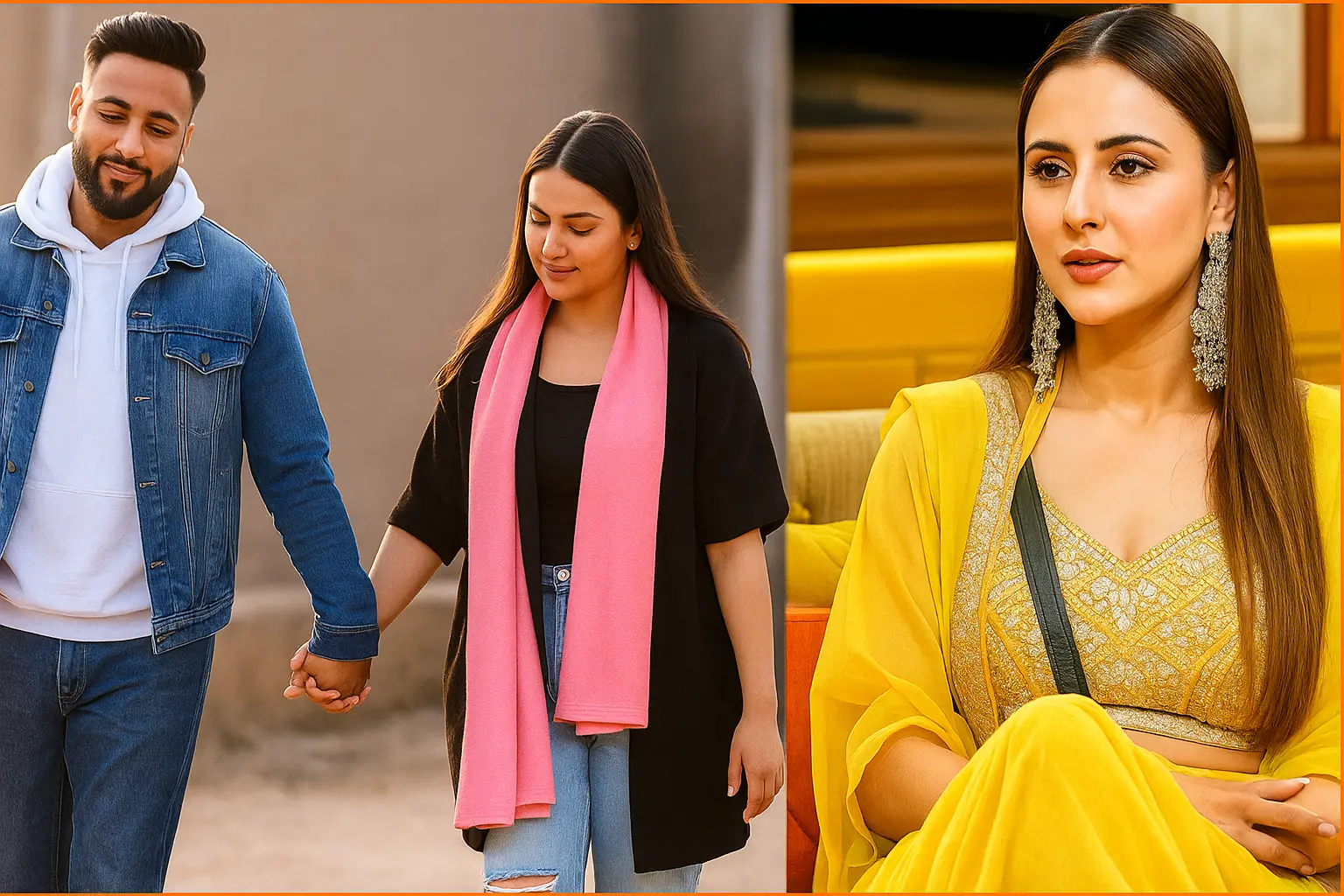 Split-image showing a couple holding hands outdoors and a woman in traditional yellow attire reacting calmly indoors, representing the BB19 Shehbaz girlfriend reaction.