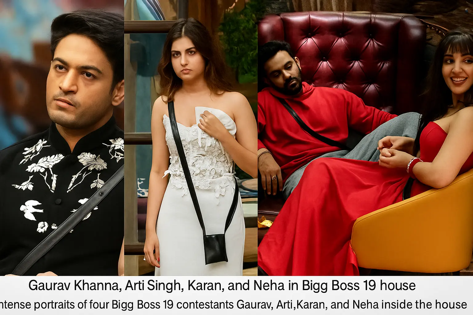 Bigg Boss 19 contestants Gaurav Khanna, Arti Singh, Karan, and Neha inside the house during eviction week