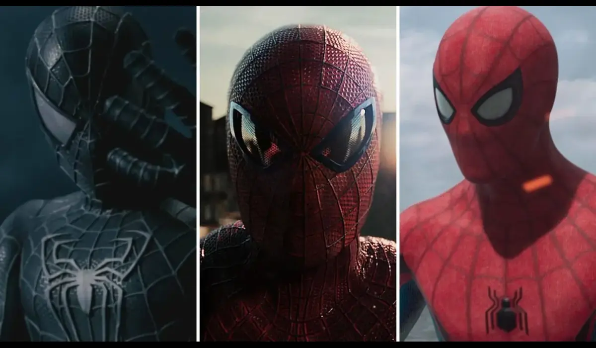 three spider-themed superhero suits shown in a side-by-side comparison
