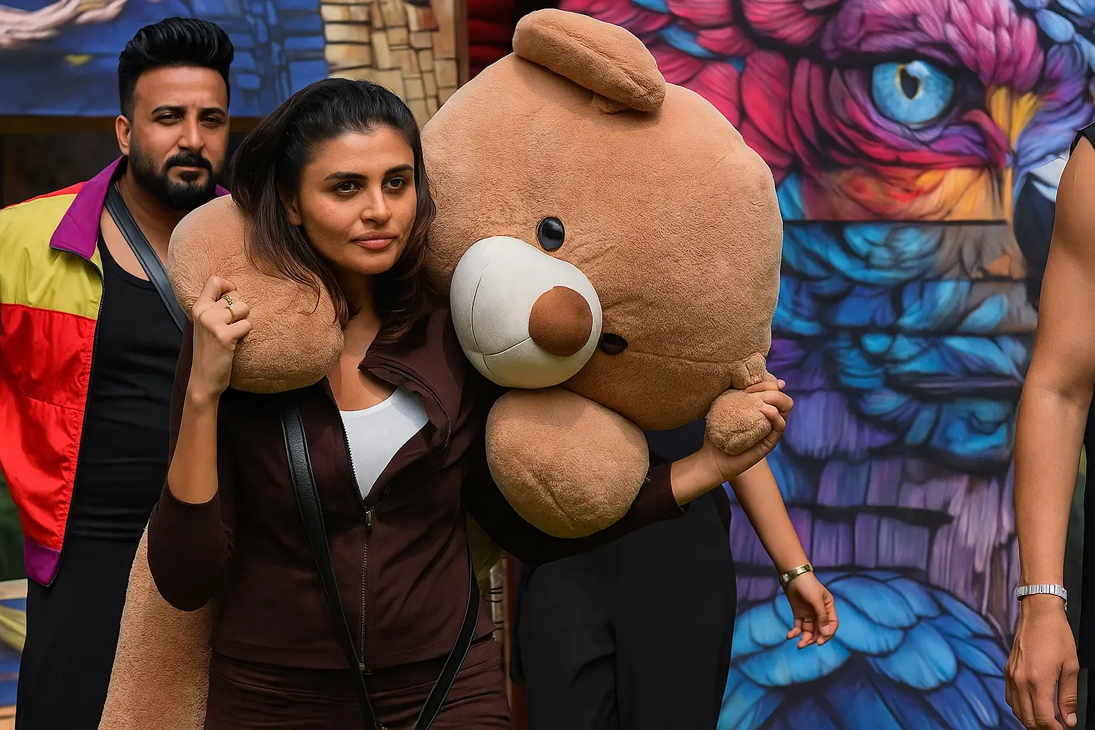 A contestant is seen holding a huge teddy bear during a high-pressure task as the Bigg Boss 19 drama peaks.