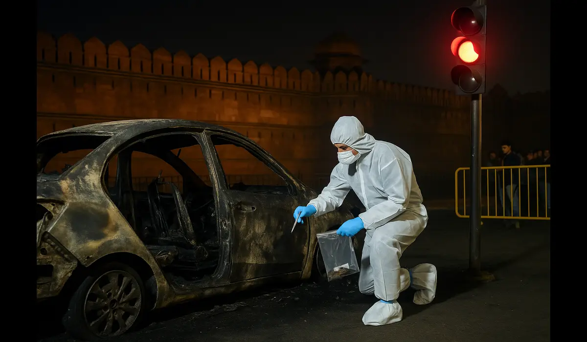 Forensic officer investigates burnt car after Delhi blast near Red Fort
