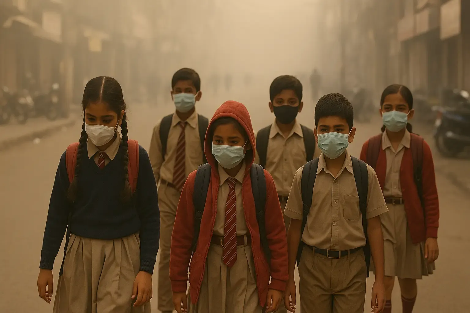 children masks in polluted air India November 2025