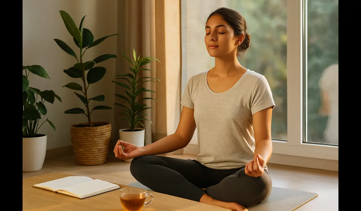 mental wellness tips for stress relief meditation woman sunlight calm