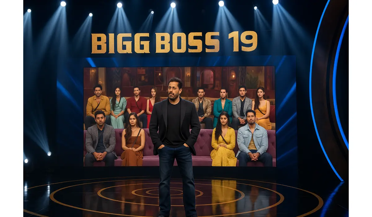 Salman Khan stands under stage lights on Bigg Boss 19 set, addressing housemates displayed on a large screen behind him.