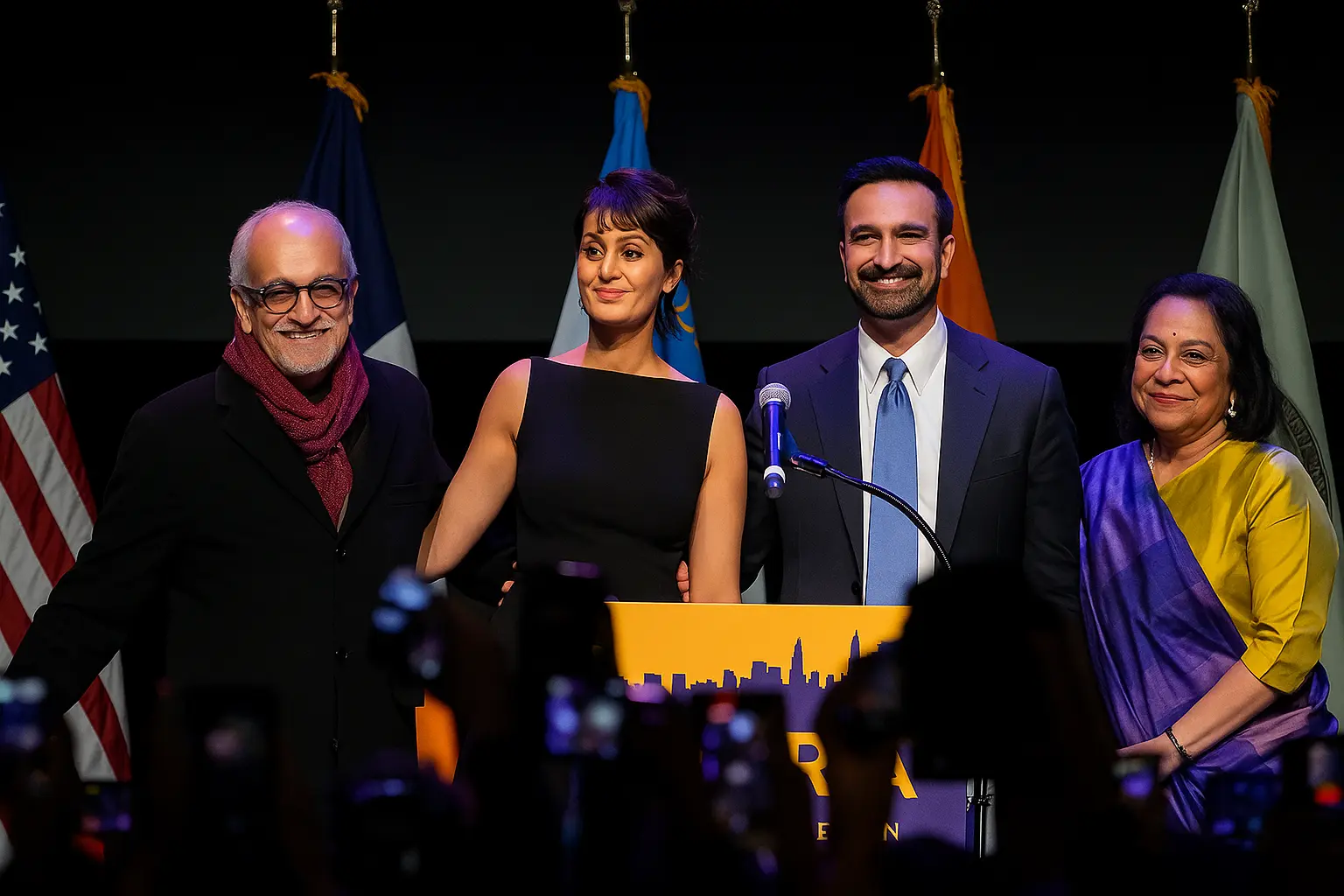 Zohran Mamdani celebrates his New York City mayoral victory on stage with his family during the 2025 election night event.